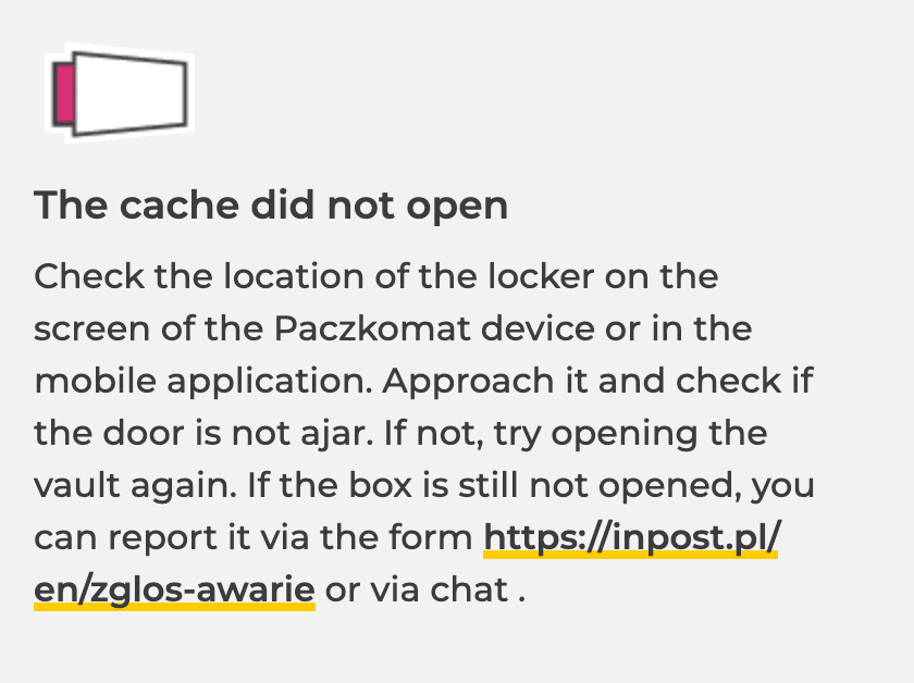 Zrzut ekranu ze strony kontaktowej InPost z komunikatem "The cache did not open"