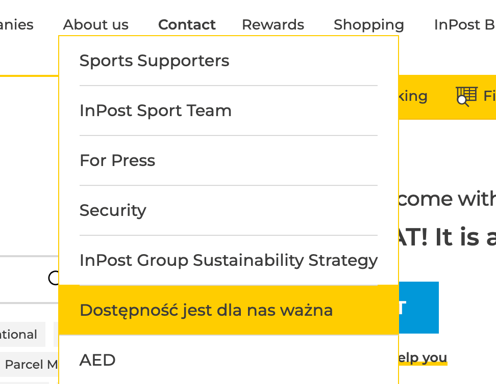 Zrzut ekranu z menu nawigacyjnego InPost z nieprzetłumaczonym linkiem "Dostępność jest dla nas ważna"