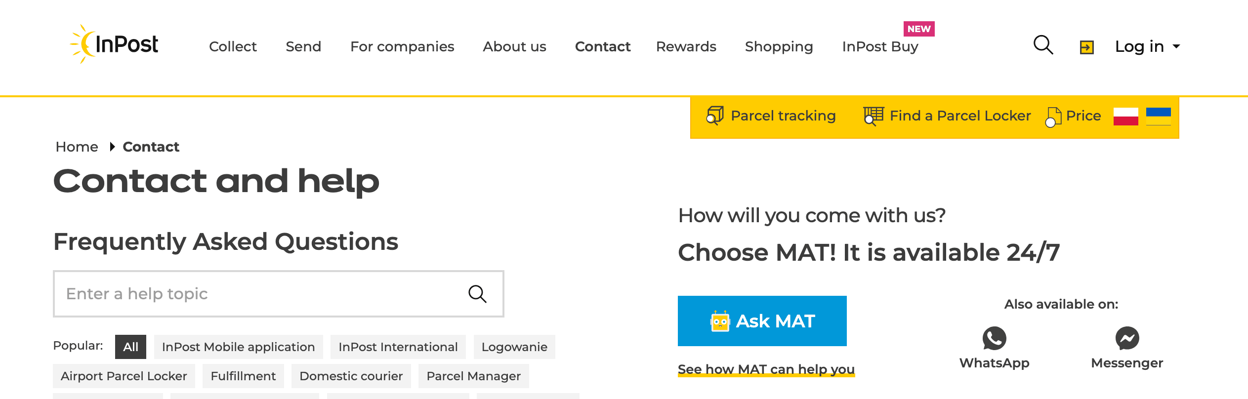 Zrzut ekranu ze strony kontaktowej InPost z nagłówkiem "How will you come with us?"