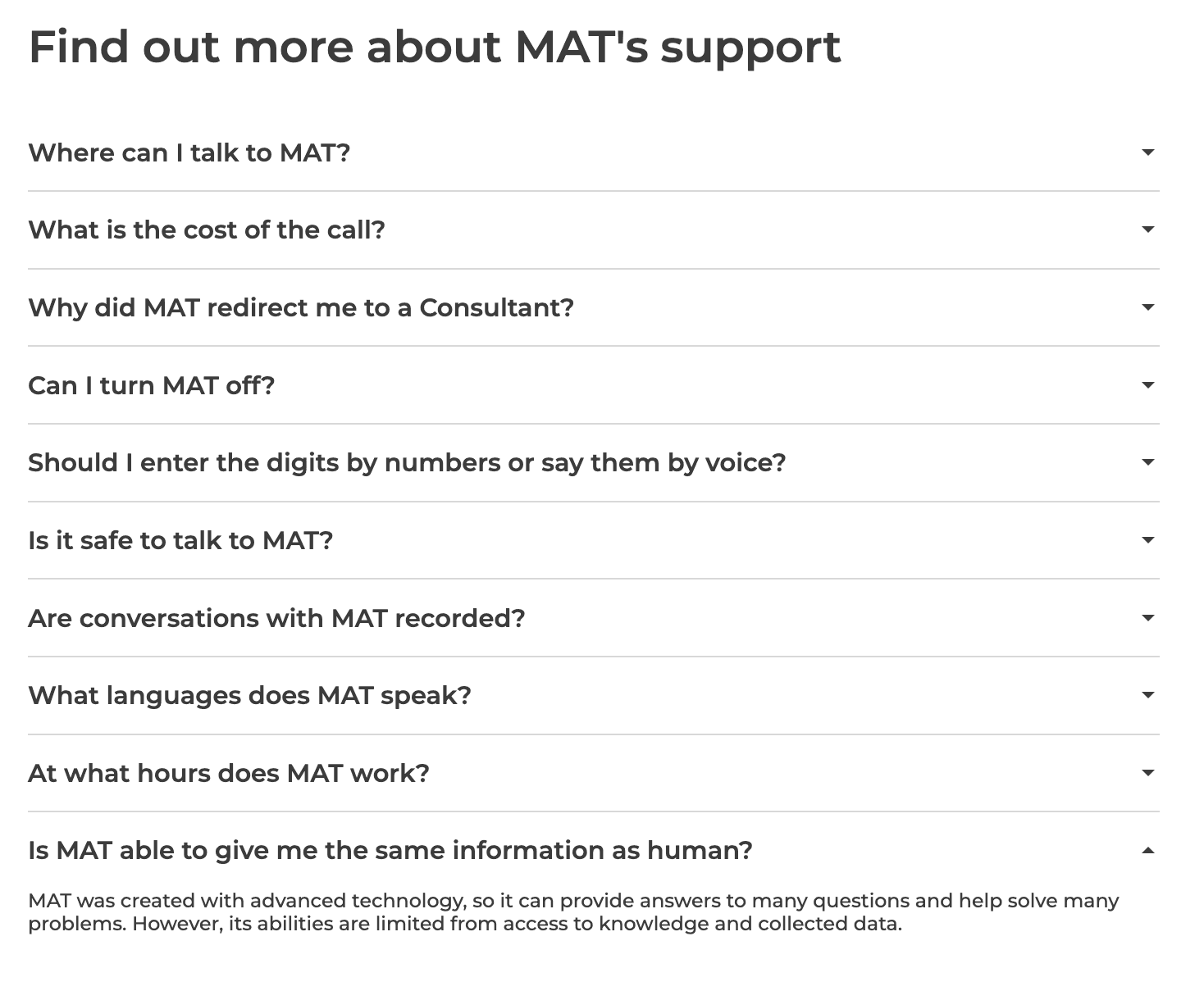 Zrzut ekranu z sekcji FAQ chatbota MAT na stronie InPost